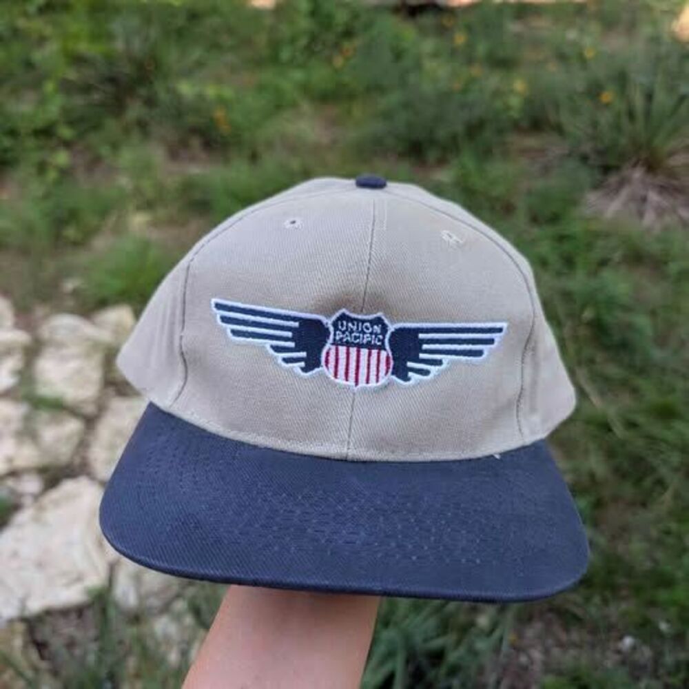 Vintage Union Pacific trains hat beige blue wings railroad freight train